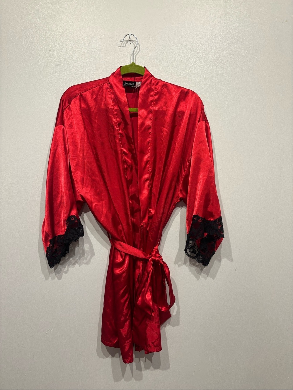 Frederick's of Hollywood Red Satin Robe with Black Lace Cuffs